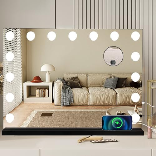 Miroir de Courtoisie Hollywood Avec Lumières LED, 3 Modes de Couleur, Intensité Variable et Grossissement x10 Pour Bureau