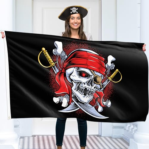 Drapeau Pirate - Drapeau Jolly Roger Tete de Mort avec Rapires Croisés - Drapeau Humoristique - Polyester 110Den - Double Couture - 2 Oeillets Laiton Grand 1,5 x 0,9 m