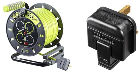 Masterplug Pro-XT Four Socket Open Cable Reel Extension Lead with Winding Handle, Thermal Cut Out & HDPT13B-MP Heavy Duty 13 Amp Rewireable Plug, 57.5 x 48 mm, Black