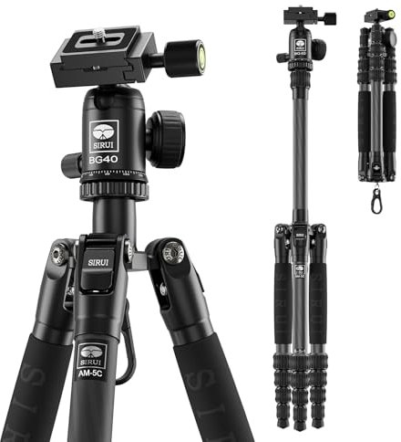 SIRUI AM-5C Treppiede da Viaggio in Fibra di Carbonio, 140cm/55.1 Treppiede per Fotocamere con Testa a Sfera Panoramica a 360°, QR Plate, Colonna Centrale Rimovibile, Carico Fino a 10 kg/22 lb
