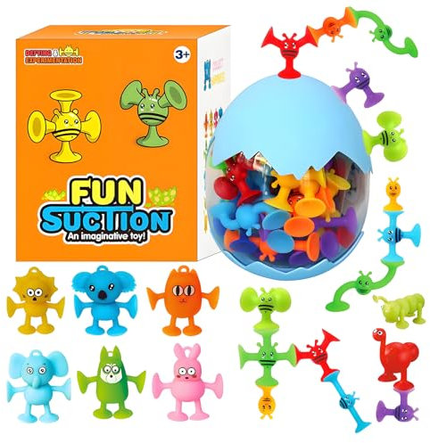 RoserRose 30 Stück Saugnapf Spielzeug, Badewannenspielzeug Set, Montessori Spielzeug inkl. Saugnäpfen, Dinosauriereier Aufbewahrung und Silikon Bausteine - Badewannenspielzeug ab 3 Jahren
