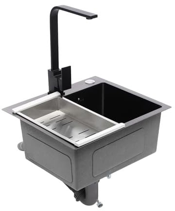 TESUGN Spülbecken Schwarz 40 * 45 cm, Küchenspüle Edelstahl Rechteckig, Moderne Edelstahlspüle, Küchenspüle Mit Armatur 360° Drehbar Warm- und Kaltwasserhahn