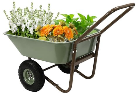 Carriola da giardino a doppia ruota, resistente, capacità di 80 kg, per giardino, prato, prato, terreno, mattoni e costruzioni, colore verde