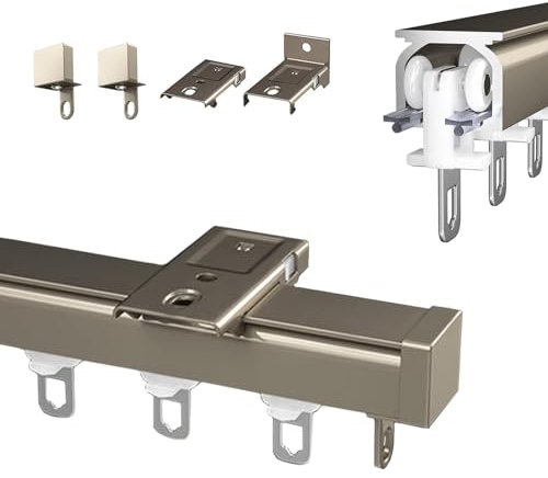 Vorhangschiene Aluminium Gardinenschiene 1-läufig, 50cm-600cm, Schwer Vorhangschiene Einläufige Schiene System, Gardinenschiene mit Rollen für Kräuselband Gardinen Oder Schiebevorhang(Sekt,0.5m(1.6ft)