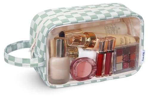 Narwey Kulturtasche Damen Kulturbeutel Klein Transparent Wasserdicht Kosmetiktasche Schminktasche Reise Toilettentasche (Schachbrett Mintgrün-1)