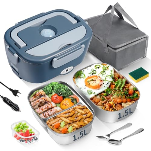 ihakason Scaldavivande Elettrico Portatile 65W, 3 in 1 Lunch Box Termico, 2 Contenitori Rimovibili in Acciaio Inossidabile, 12V/24V/220V, Porta Pranzo Termico per Auto e Ufficio (Grigio, 1,5L)