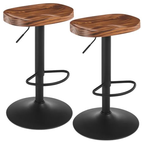 WOLTU Taburetes Cocina Juego de 2, Taburetes de Bar Giratorios, Sillines con Reposapiés, Altura Ajustable, Taburetes sin Respaldo, Asiento de Madera, Base Metalico, Marrón Vintage, BH413vbn-2