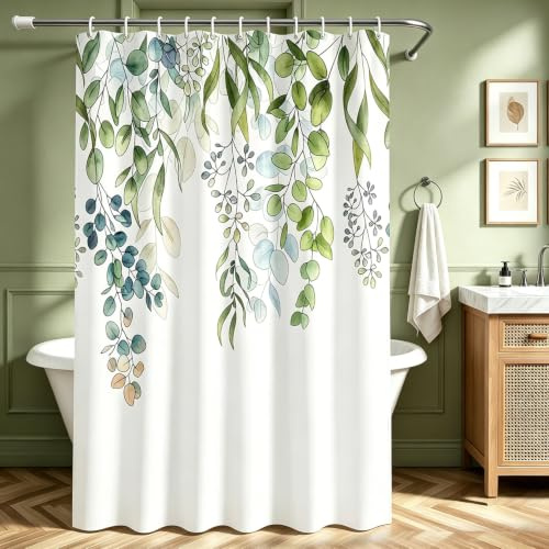 Lerores Duschvorhang 200x180cm, Grün Blätter Antischimmel Textil, Beschwerter Saum Wasserabweisend, Waschbar Polyester Stoff Badevorhänge mit Ösen und 12 Duschvorhangringe für Badezimmer, Badewanne