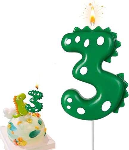 Number 3 Candle, Candle 3 Dinosaur for Boys Birthday Cakes, 2.8 Inch Dino Cake Candles, Green Dinosaur Cake Toppers, 3rd Birthday Party Candles, Dinosaur Party Decorations for 3 Year Old Boy