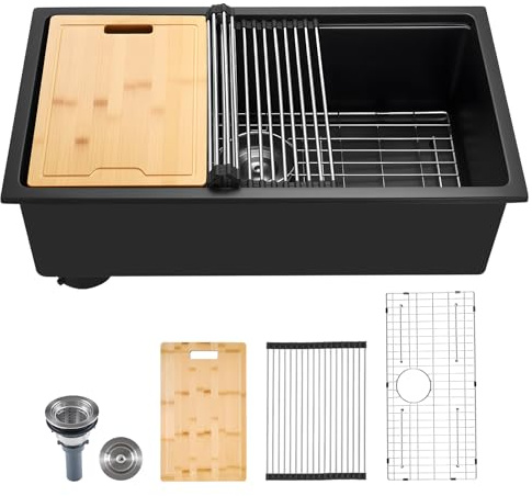 VEVOR 76 cm Kitchen Sink Workstation, Undermount Granite Sink, Drop-in Single Bowl Farmhouse Basin with Multiple Accessories, Household Dishwasher Sinks for RV, Prep Kitchen, and Bar (Black)