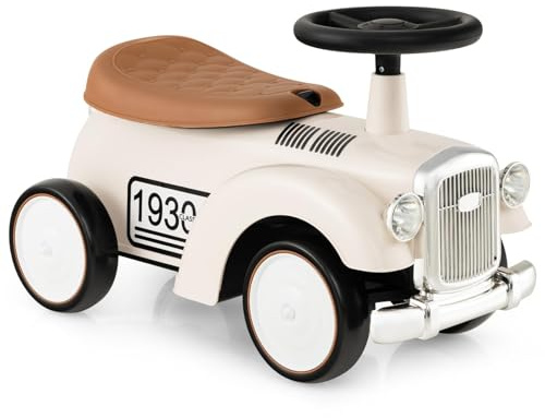 FANTASK Rutschauto Retro, Rutschfahrzeug mit Stauraum & Kippschutz, RutscherJungen & Mädchen mit Lenkrad & Sound, für Kinder ab 1 Jahr, 58 x 27 x 34 cm (Weiß)