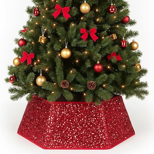 Shyllin Weihnachtsbaum Kragen, Glitzer Weihnachtsbaum Rock mit Pailletten Samt, Hülle für Weihnachtsbaumständer, Faltbar Stabil Weihnachtsbaumkragen, Weihnachtsbaumdecke, Weihnachtsbaumschmuck -Rot 6