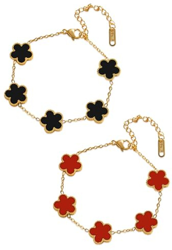 SHUOHONG 2 Stück Vierblättriges Kleeblatt Armband, Glücksarmband Damen | Armbänder Kleeblatt Schmuck Set Glücksarmband Friendship Bracelet, Frauen Geburtstag Valentinstag Weihnachten (Rot+Schwarz)