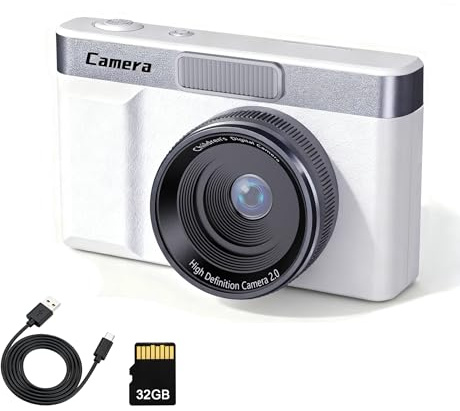 White Digital Camera with 32GB Card, Compact Digital Camera with 2 Inch Flip Screen, 8x Digital Zoom, Small Portable Vlogging Camera for Kids, Teens & Beginners