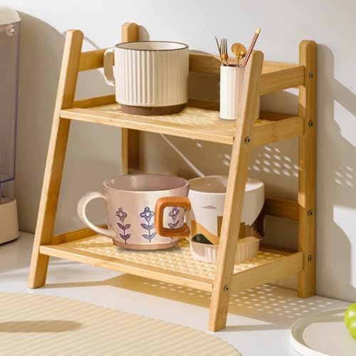CM-UHNM 2 Etagen Tassenregal,Küchenregal Arbeitsplatte für Tassenregal Holz,Gewürzregal Holz für Aufbewahrung Küchenorganizer Tee Aufbewahrung