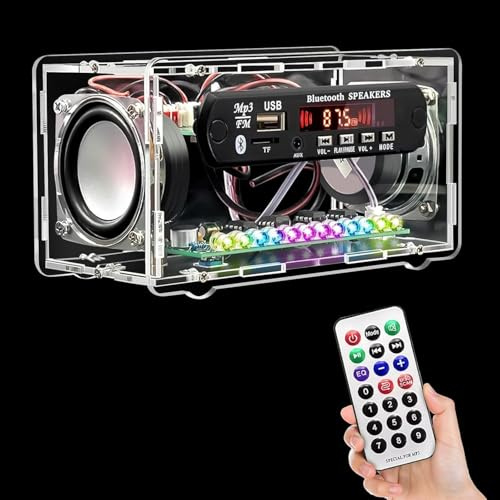 Soldering Practice Kits, FM Radio Bluetooth Speaker Kit, Electronic Project kit, Remote Control Mini Home Sound Amplifier DIY Kit with Digital Display and Colorful LED Lights(Transparent)