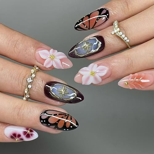 24PCS Ice Crystal False Nails With Starry Blushes Effect Lilies Design For Everyday Elegances Crystal Drips Gels Nail