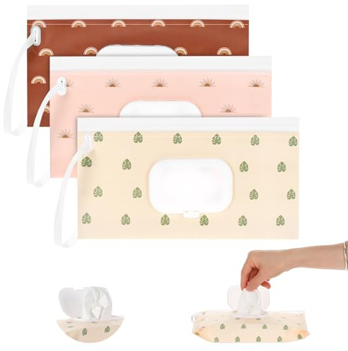 Nogeqi 3 Pack Portable Baby Wipes Dispenser, Refillable Wipes Container, Reusable Baby Wipe Holder Pouch Case for Outdoor Camping Hiking Outing Travel, Waterproof and Dustproof (Bohemian)
