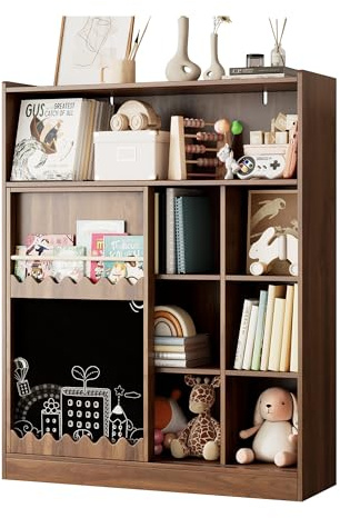 kozamas Kinder Bücherregal mit Maltafel & Schiebetür | 9-Fach Spielzeugregal & Aufbewahrung | Stabiles Standregal 120x38.5x151.5 cm | Nussbaum Holzoptik
