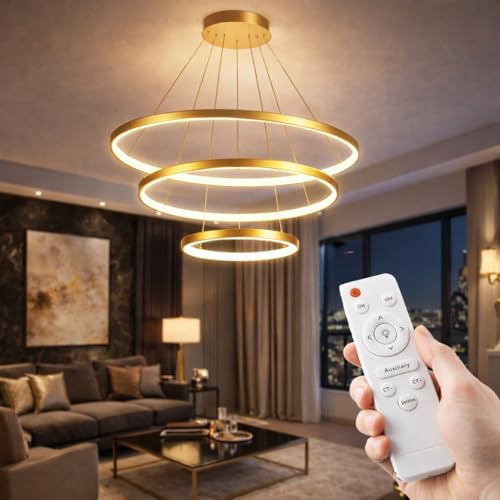 StandHeiz Hängeleuchte LED 3 Ringe Gold 72W 5760lm – Dimmbar mit Fernbedienung – Design Pendelleuchte mit einstellbarer Lichtfarbe 3000K–6500K – Höhenverstellbar 120 cm