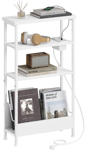 Hzuaneri Table d'Appoint Fine,Bout de Canape à 4 Niveaux avec Porte-revues et Prise de Recharge, Table d'Appoint Adaptée aux Salons, Chambres et Bureaux, Blanc ET40003WEU