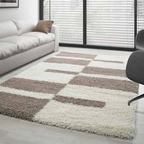 Carpettex Hochflor Teppich - Wohnzimmer Shaggy Flokati Modern Kariert Design 200 x 290 cm Beige - Schlafzimmer Weich Flauschig Waschbar - Küche Esszimmer Langflor