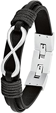 s.Oliver Armband für Herren Infinity, Leder / Edelstahl, Schwarz, Länge: 20-21,5 cm