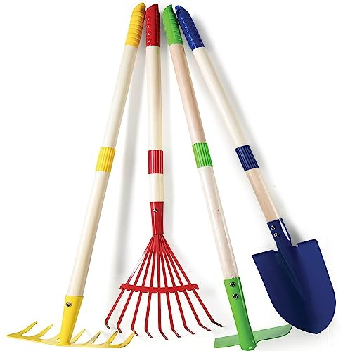 Play22 Kids Gardening Tool Set 4-Piece - Real Metal Tools, Wooden Handles