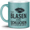 Tassendruck Glitzertasse - Erst Blasen dann Schlucken - Zweideutig, Kollegin, Freundin, Sexy-Tasse mit Spruch, Glitter - Hochwertige Keramik, Hellblau, 300 ml