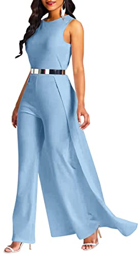 VERWIN Combinaison taille haute de couleur unie avec superposition et ornement pour femme, bleu ciel, XX-Large