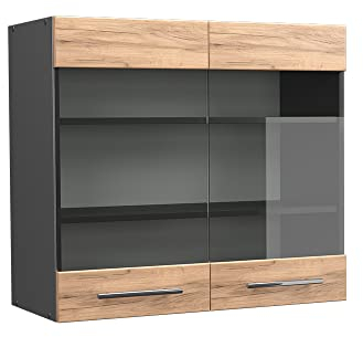 Vicco Küchenglasschrank Fame-Line, Glashängeschrank, Goldkraft Eiche/Anthrazit, 80 cm