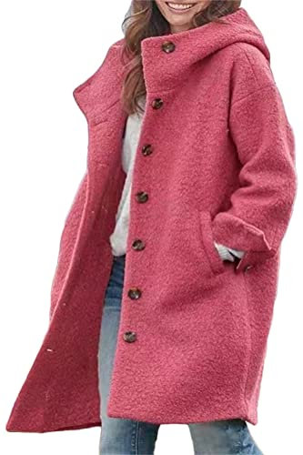 shownicer Manteau Femme Hiver Long Elegant en Laine Grandes Tailles Chic Slim Chaud Revers À Double Boutonnage Veste avec Ceinture Mode Coat Outwear B Rose Rouge S