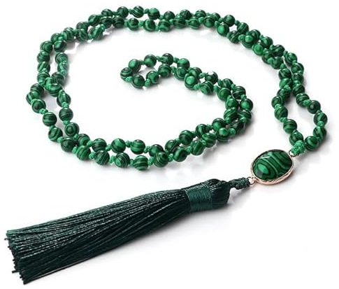 SHANHE 108 Mala-Perlen-Halskette für Damen und Herren, grüner Malachit, 6 mm, Rosenkranz, Meditation, Japamala, geknotete Quasten-Halsketten, Vintage-Schmuck