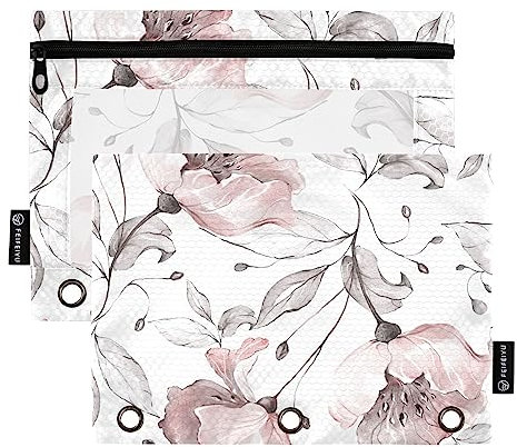 Spring Pink Flowers Leaves Contemporary 3 Ring Large Capacity Binders Pencil Pouch 2 pcs Clear File Folders for Office Home Zipper Storage Bag