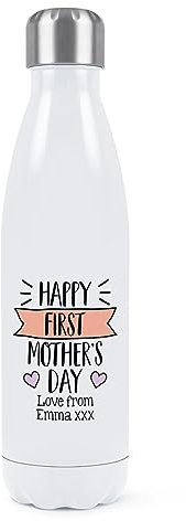 Gift Base Borraccia a doppia parete isolata in acciaio inox per bevande sportive, 500 ml, personalizzabile con scritta Happy First Mother's Day, colore: bianco