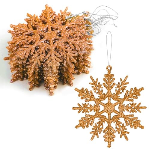 VEYLIN Copper Christmas Decorations, 12PCS Glitter Snowflakes Tree Hanging Decorations