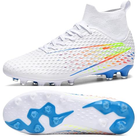 BLBK Mens Football Boots Professional Football Shoes Suitable for Artificial Turf Trainers High Top Spikes Boys Outdoor Training Football Boots, White-Blue 1.5UK