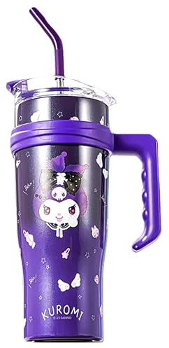 Many Rainbows Kuromi - Vaso aislado de acero inoxidable con tapa, popote y asa, 1200 ml, tamaño XL