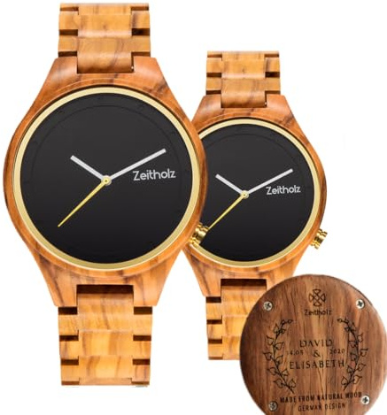Zeitholz Holzuhren für Paare, Gravierte & Personalisierte Geschenke, 100% Naturholz, Analoguhren mit Japanischem Quarzuhrwerk, Stolpen 42mm & 36mm
