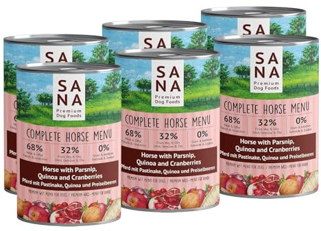 SANA Premium Dog Foods I Nass-Menüs I hoher Fleischanteil, getreidefrei I Verschiedene Sorten und Größen (12 x 800g Dosen, Pferd mit Pastinake, Quinoa und Preiselbeeren)