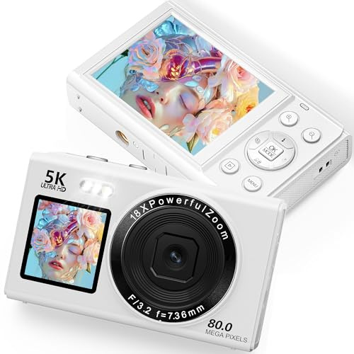 Longyi Digital Camera 5K 80MP Vlogging Cameras for Photography Portable Compact Photo Camera with WIF, 2.4'' Screen & 1.5'' Selfie Screen, 18X Digital Zoom, 32G Card for Kids Beginners As Gift, White