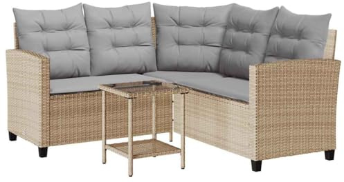 Hommdiy Gartensofa in L-Form,Outdoor Lounge Sofa Rattan,Garten Ecksofa mit Tisch und Kissen Beige Poly Rattan