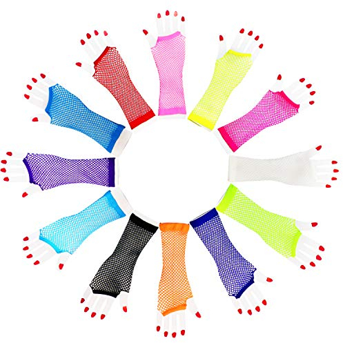 Novelty Place Fishnet Handschuhe (12Stk) - Nylon Fingerless Diva Oversleeve Unterarm lang - Verschiedene Neonfarben Kostüm Zubeh?r Party Supplies Vintage Retro Stylish
