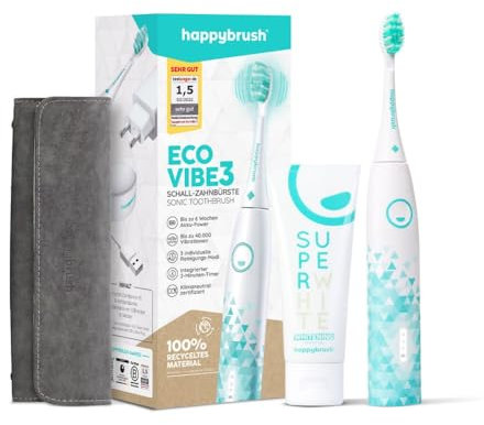 happybrush® Brosse à dents sonique électrique Eco VIBE 3 - Brosse à dents durable avec 6 semaines de batterie d'alimentation avec trousse de voyage et dentifrice SuperWhite - Blanc/Menthe