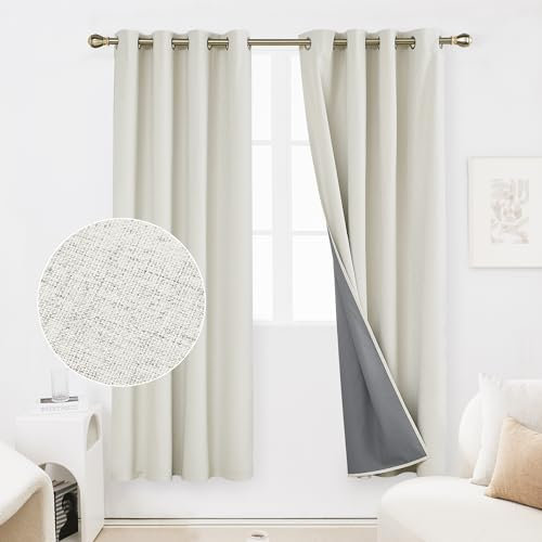 Deconovo Verdunkelungsvorhänge, 100% Blickdicht, Leinenimitat, Thermo-Verdunkelung für Wohnzimmer, 183 x 117 cm, Creme, 2er Set