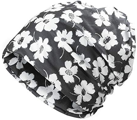 ZLYC Damen Slouch Beanie Leicht Weich Jersey Mütze Blumen Turban Hut,Daisy Schwarz,Gr. Einheitsgröße
