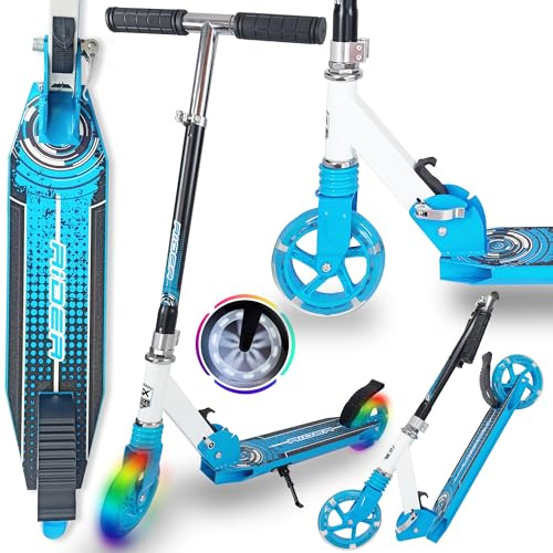 WeLLIFE Rider faltbarer Tretroller für Kinder und Jugendliche, Urban Scooter aus Aluminium mit 145 mm LED-Rädern, Lenker in 3 Höhen verstellbar, Bremse mit Pedal, bis 100 kg