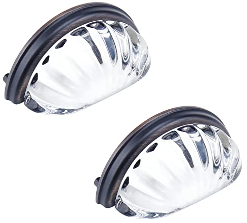 MY MIRONEY 7,6 cm Lochmitten Klarglas Türgriffe Möbelgriffe Muschelgriffe Rund Glas Öl eingerieben Bronze Schublade Schrank Kommode Ziehgriffe 2 Stück