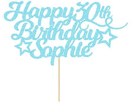 Personalised Happy Birthday Cake Topper Customised with Any Age Name Party Cake Decoration 16 18 21 40 60 Double Sided Glitter Card Baby Blue