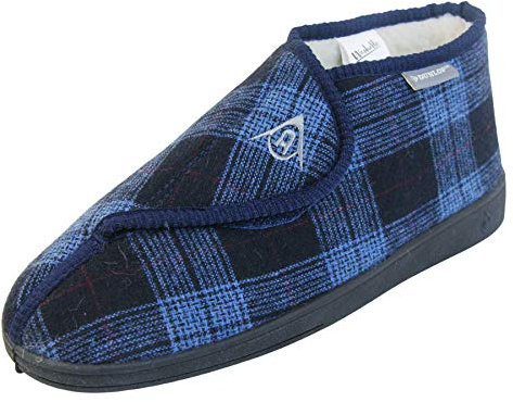 Dunlop Chaussons orthopédiques réglables pour homme Fermeture tactile, Motif carreaux Bleu marine, 46 EU